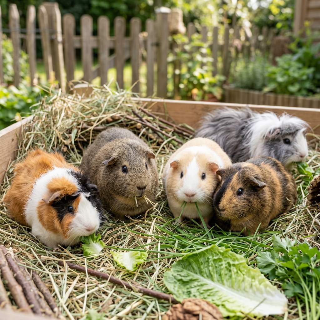 Five guinea pigs of various colors eating hay and lettuce in a wooden enclosure outdoors