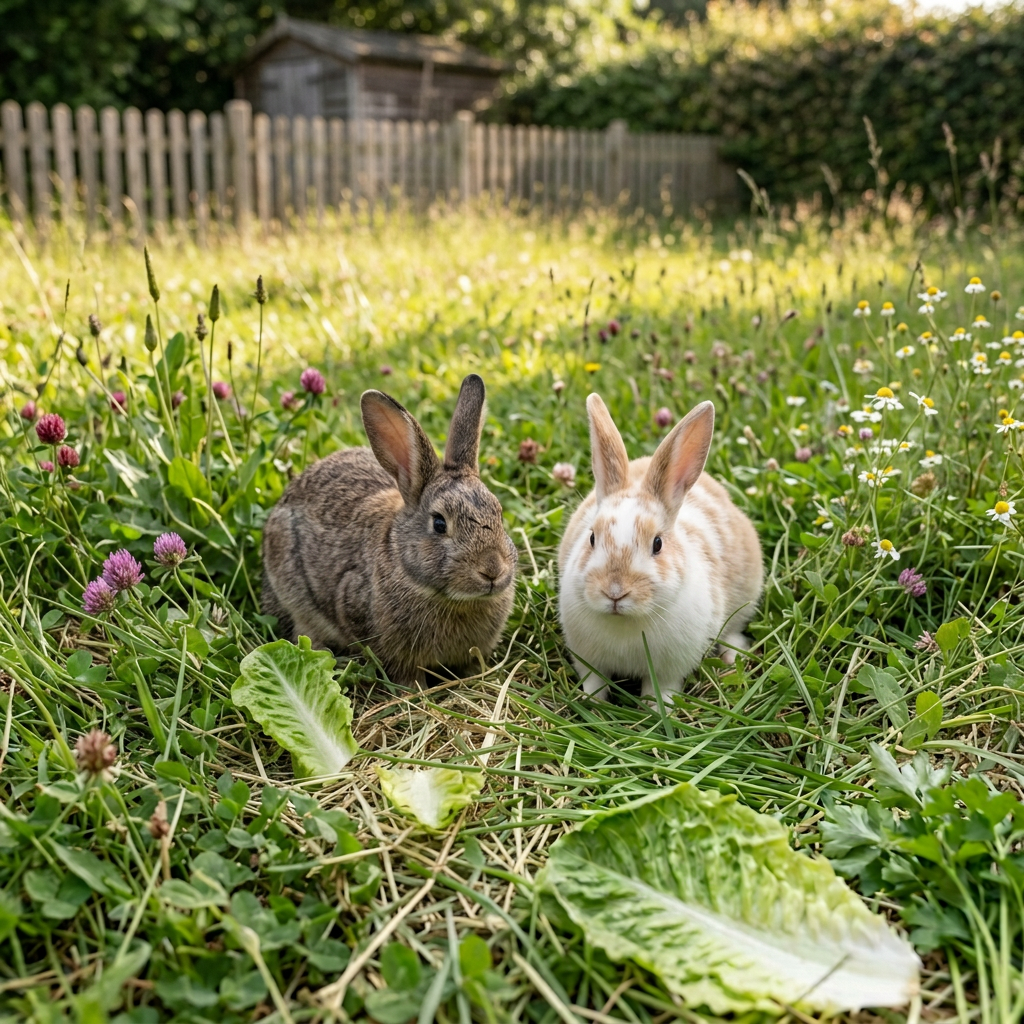 Two rabbits and three guinea pigs sitting on grass together around lettuce leaves