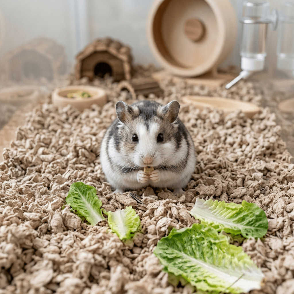Two rabbits and three guinea pigs sitting on grass together around lettuce leaves