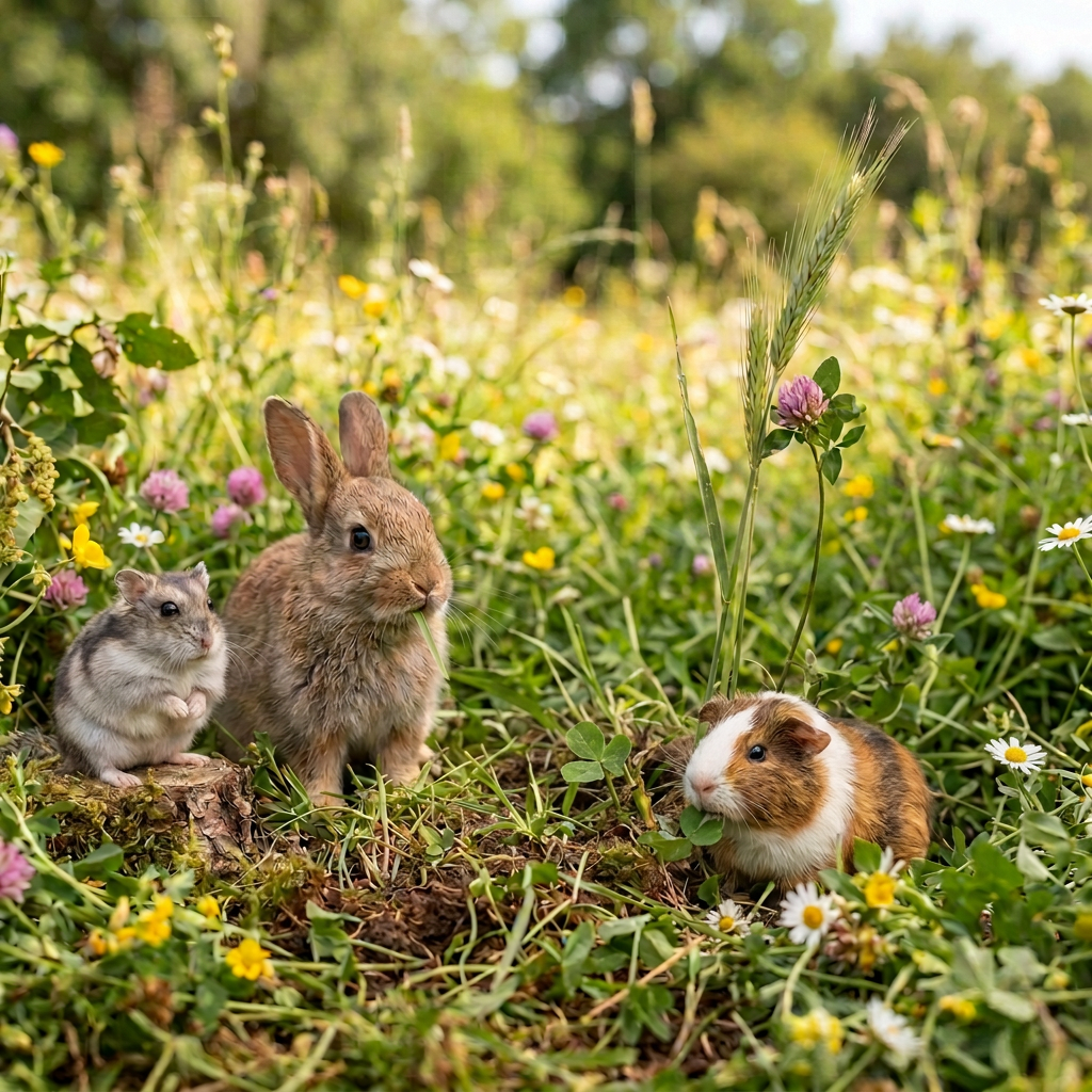 A hamster, rabbit, hedgehog, mouse, guinea pig, and goat kid sitting among wildflowers and grass
